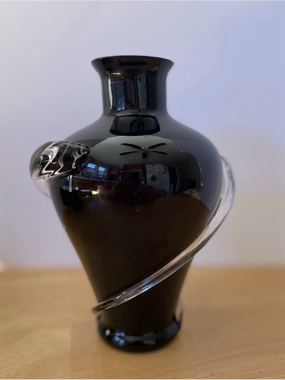 Hand-Blown Black Glass Accent Vase with Clear Spiral Detail